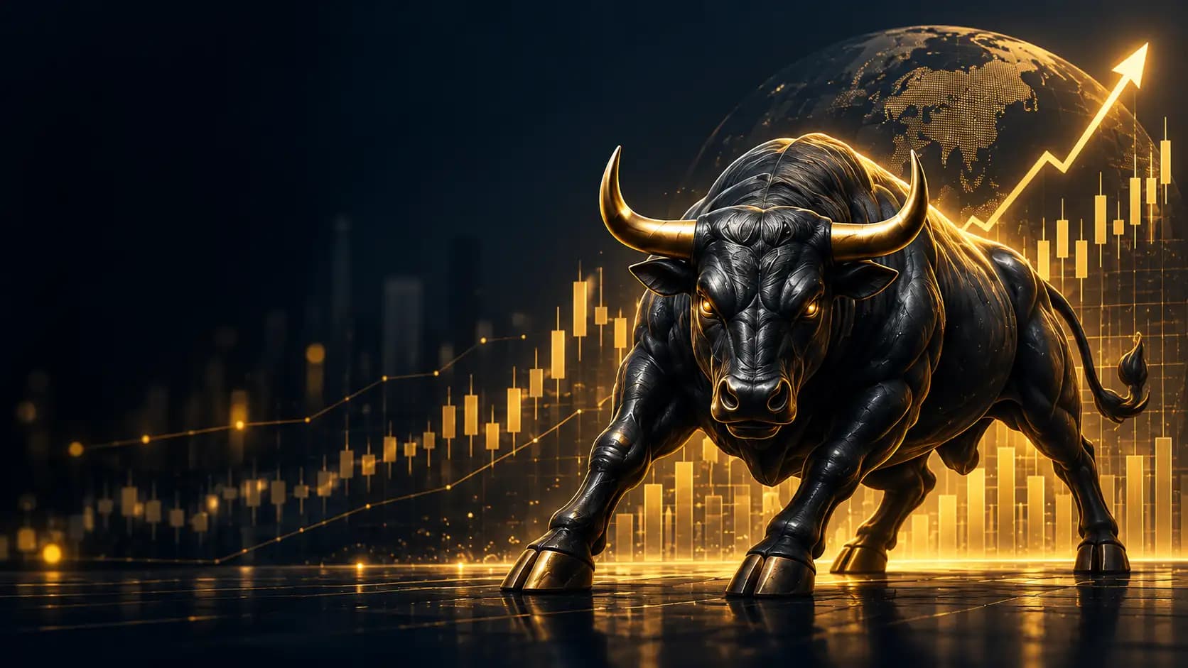 Bull market illustration with golden charging bull and financial charts