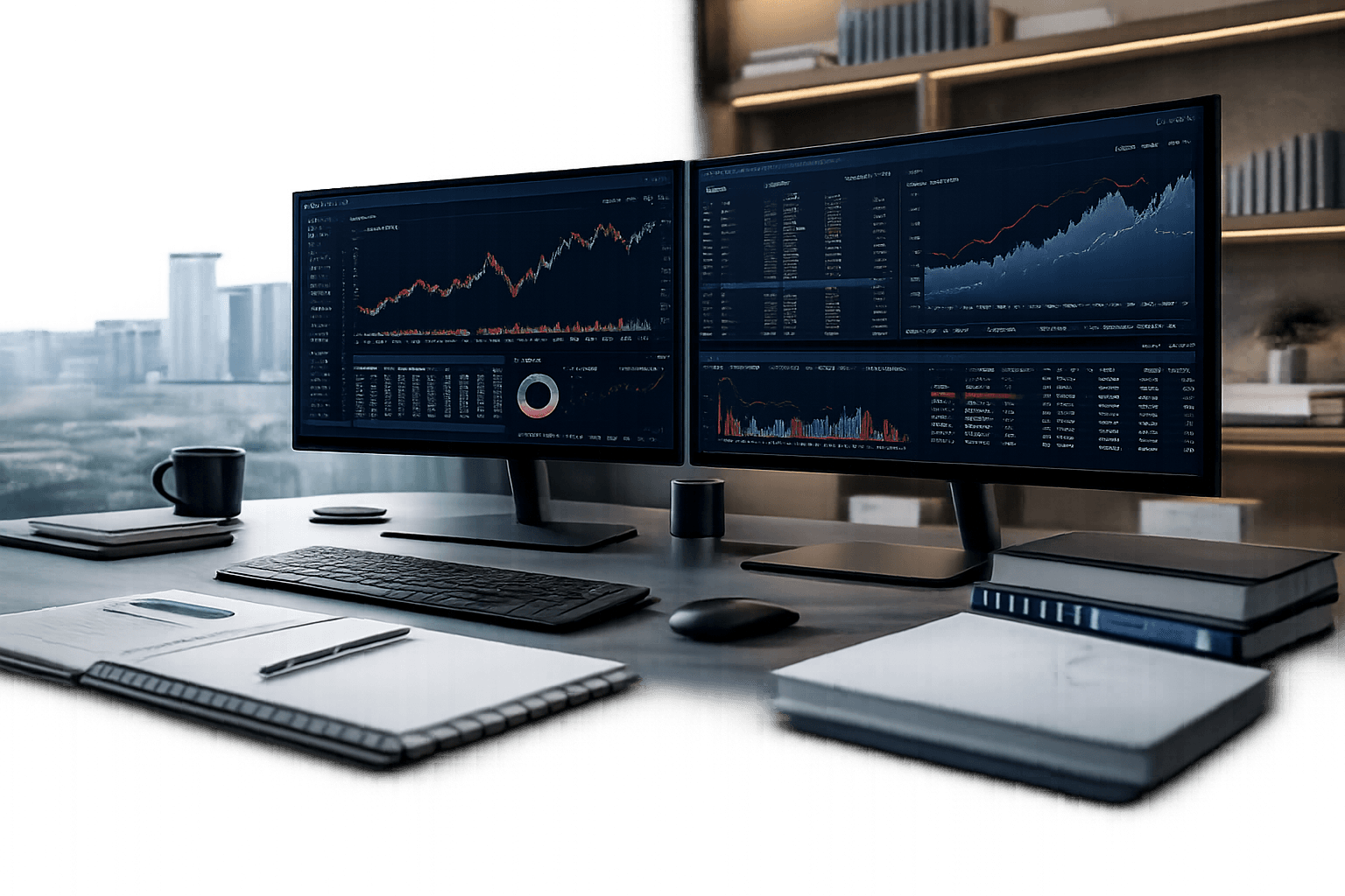 Financial research workspace with market analytics dashboards and charts